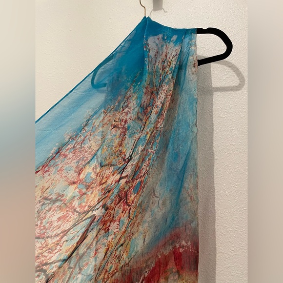 100% Silk Women Scarf Large Shawl long Wrap floral yellow blue red 66x40” - Picture 5 of 5